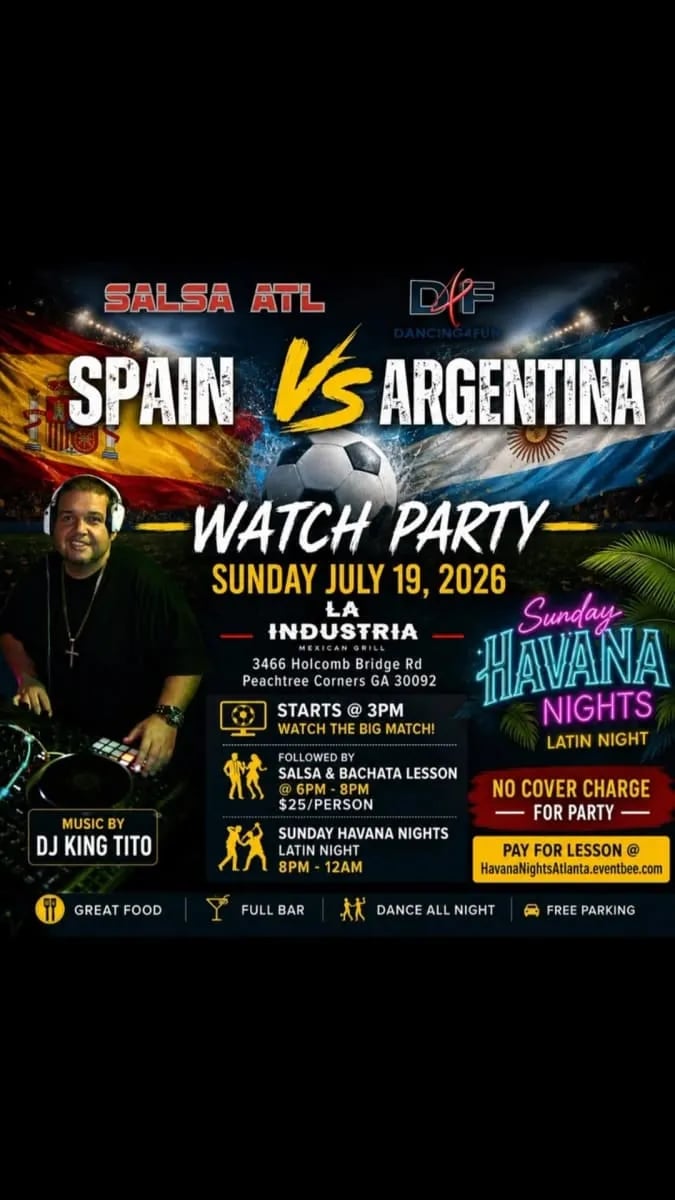Spain Vs Argentina Watch Party + Salsa & Bachata Lesson + Sunday Havana Nights