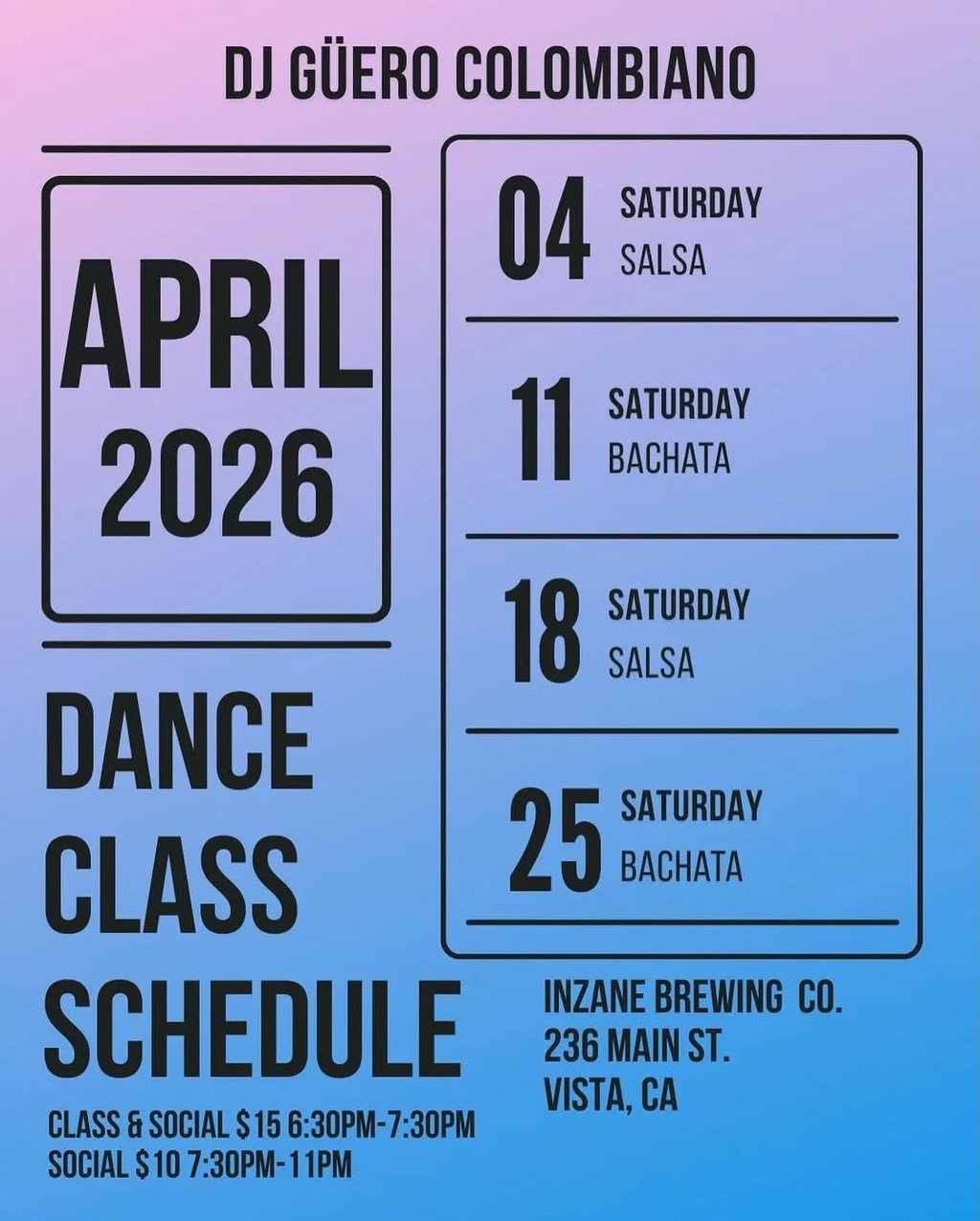 April 2026 Dance Class Schedule