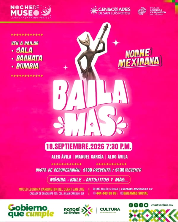 Cartel de Baila Más: Noche Mexicana en el Museo Leonora Carrington, 18 de septiembre de 2026